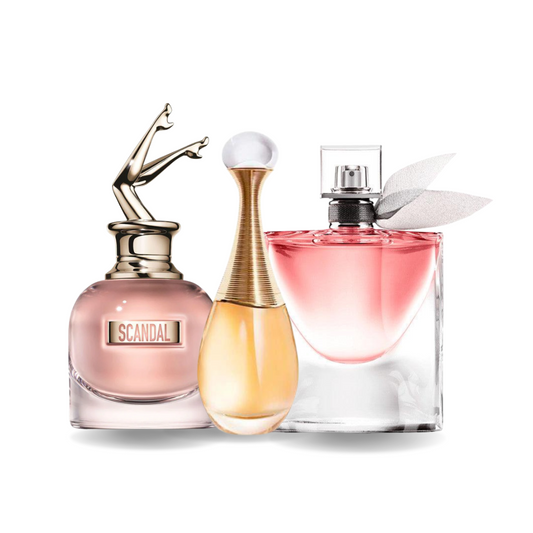 KIT CON 3 PERFUMES: Jean Paul Gaultier SCANDAL, Dior J'ADORE, Lancôme LA VIE EST BELLE (Eau de Parfum)