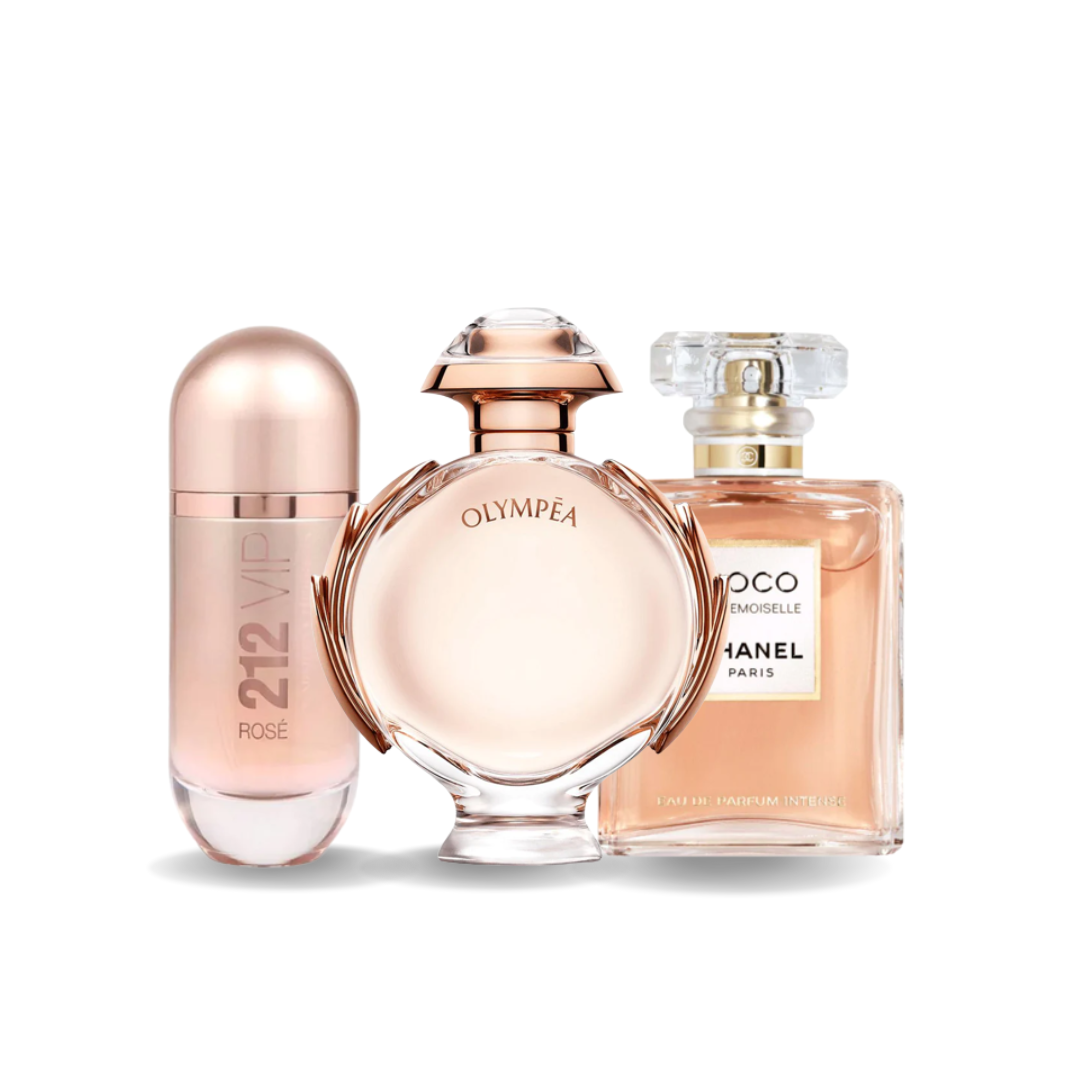 KIT CON 3 PERFUMES: Carolina Herrera GOOD GIRL, Chanel Nº5, Paco Rabanne FAME (Eau de Parfum) Carolina Herrera 212 VIP ROSÉ, Paco Rabanne OLYMPÉA, Chanel COCO MADEMOISELLE (Eau de Parfum)