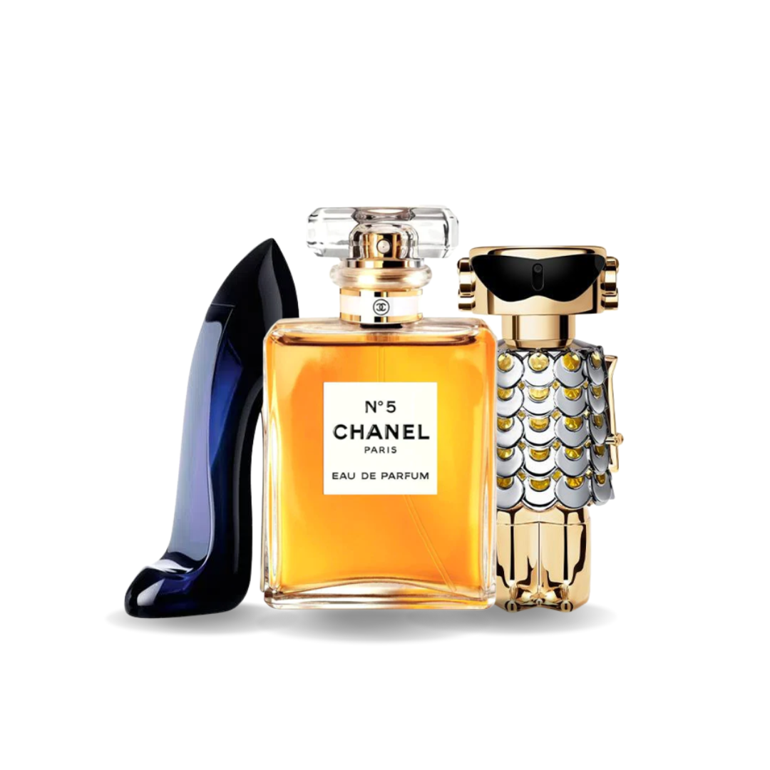 KIT CON 3 PERFUMES: Carolina Herrera GOOD GIRL, Chanel Nº5, Paco Rabanne FAME (Eau de Parfum)